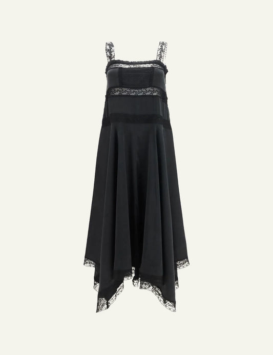 Women's Ganni black satin midi dress with lace trim and asymmetric hem