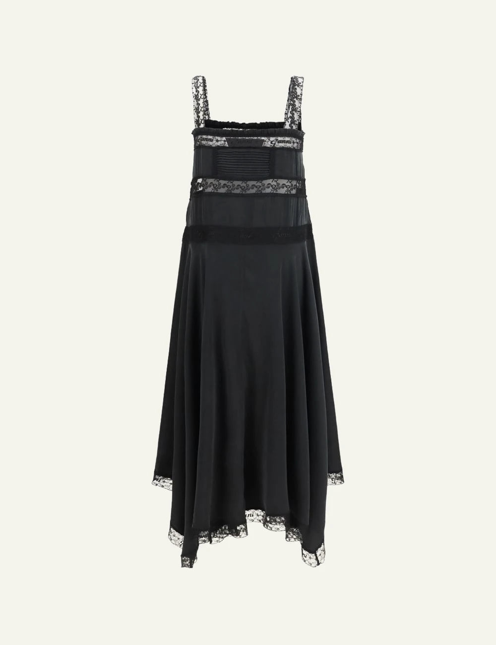 Women's Ganni black satin midi dress with lace trim and asymmetric hem back