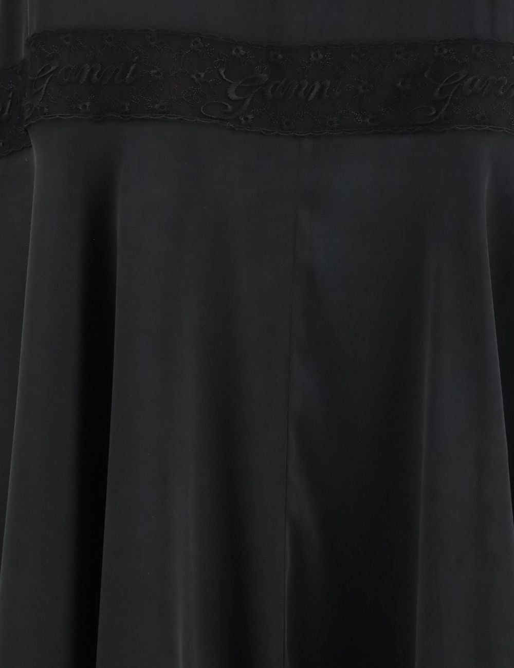 Women's Ganni black satin midi dress with lace trim and asymmetric hem detail