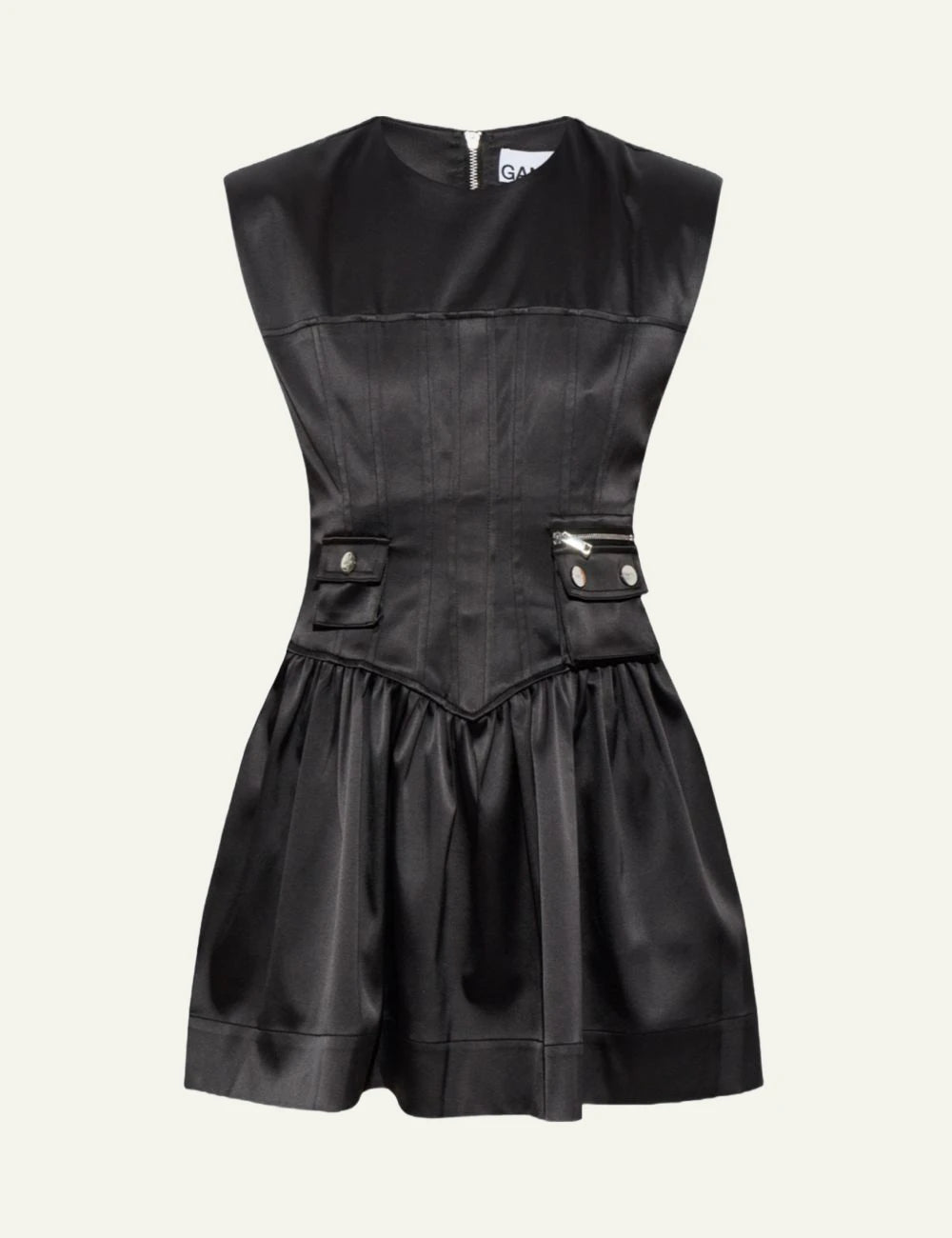Women's Ganni black sleeveless fitted mini dress with corset waist and decorative pockets