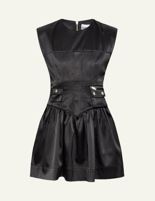 Women's Ganni black sleeveless fitted mini dress with corset waist and decorative pockets