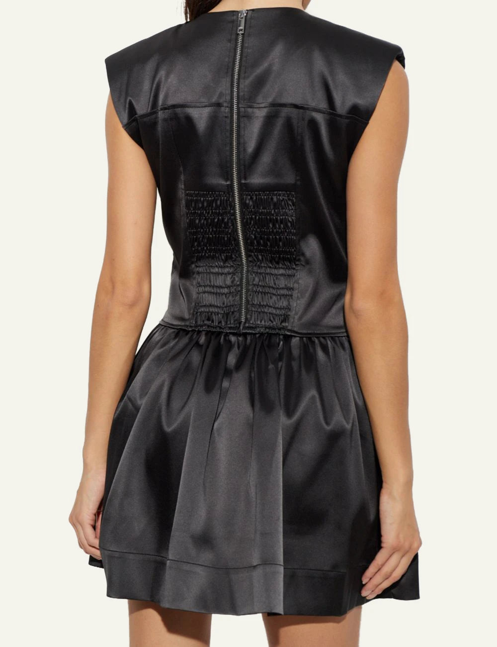 Women's Ganni black sleeveless fitted mini dress with corset waist and decorative pockets back