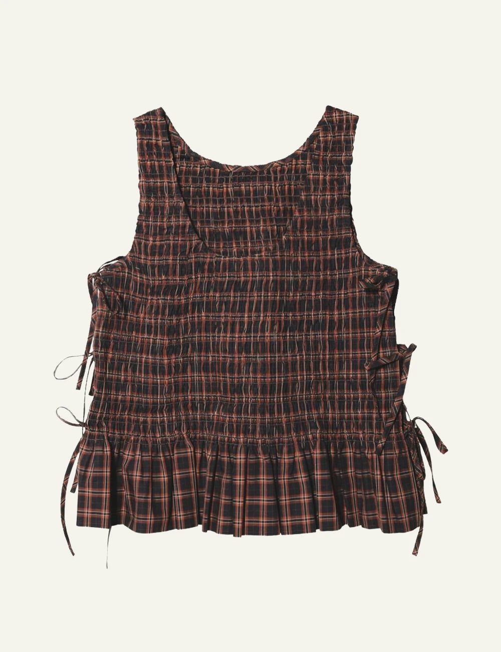 Women's Ganni brown check smocked sleeveless top with side tie details