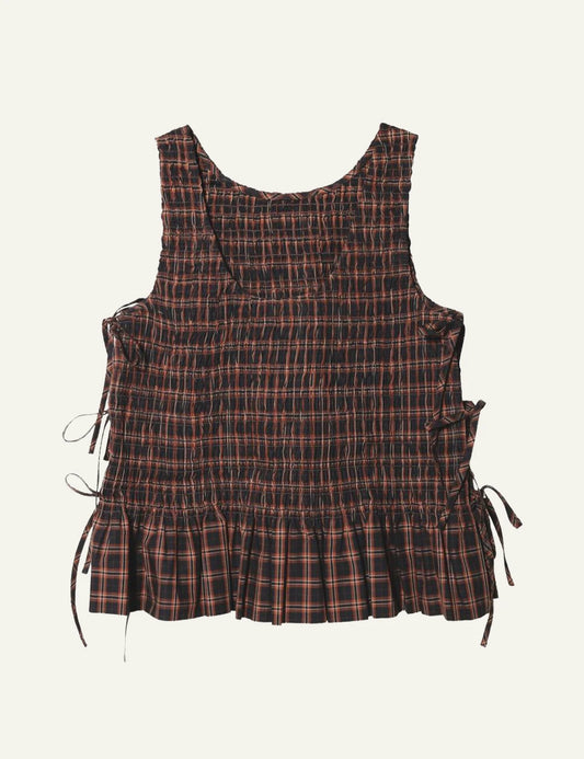 Women's Ganni brown check smocked sleeveless top with side tie details