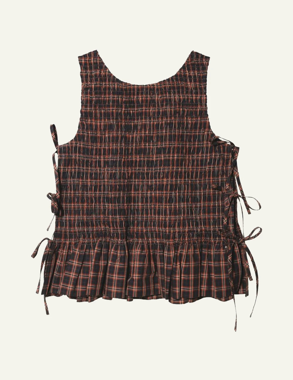 Women's Ganni brown check smocked sleeveless top with side tie details back