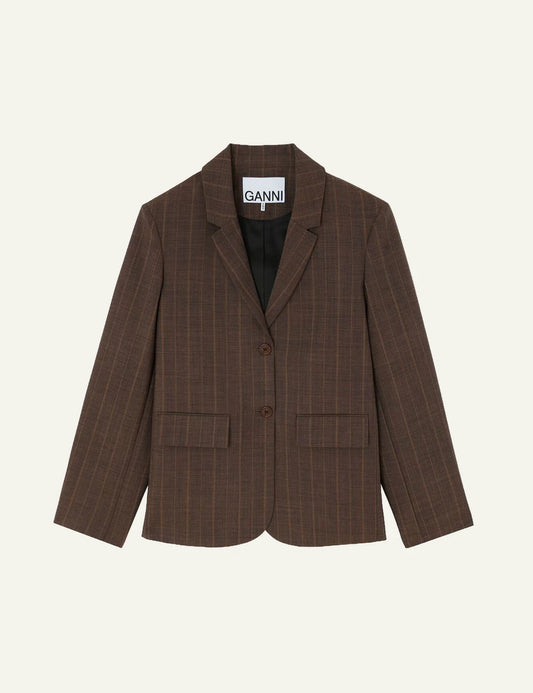 Women's GANNI brown checked wool blazer with lapel collar and front pockets