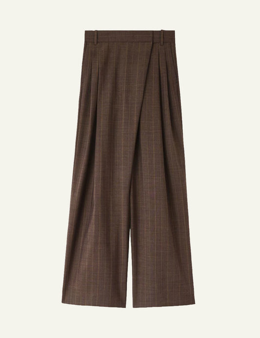 Women's GANNI brown checked wool wide leg trousers with crossover front detail