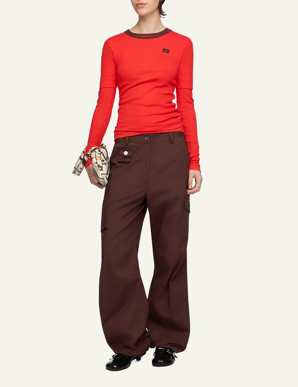 Women's Ganni brown organic cotton cargo trousers with utility pockets full body