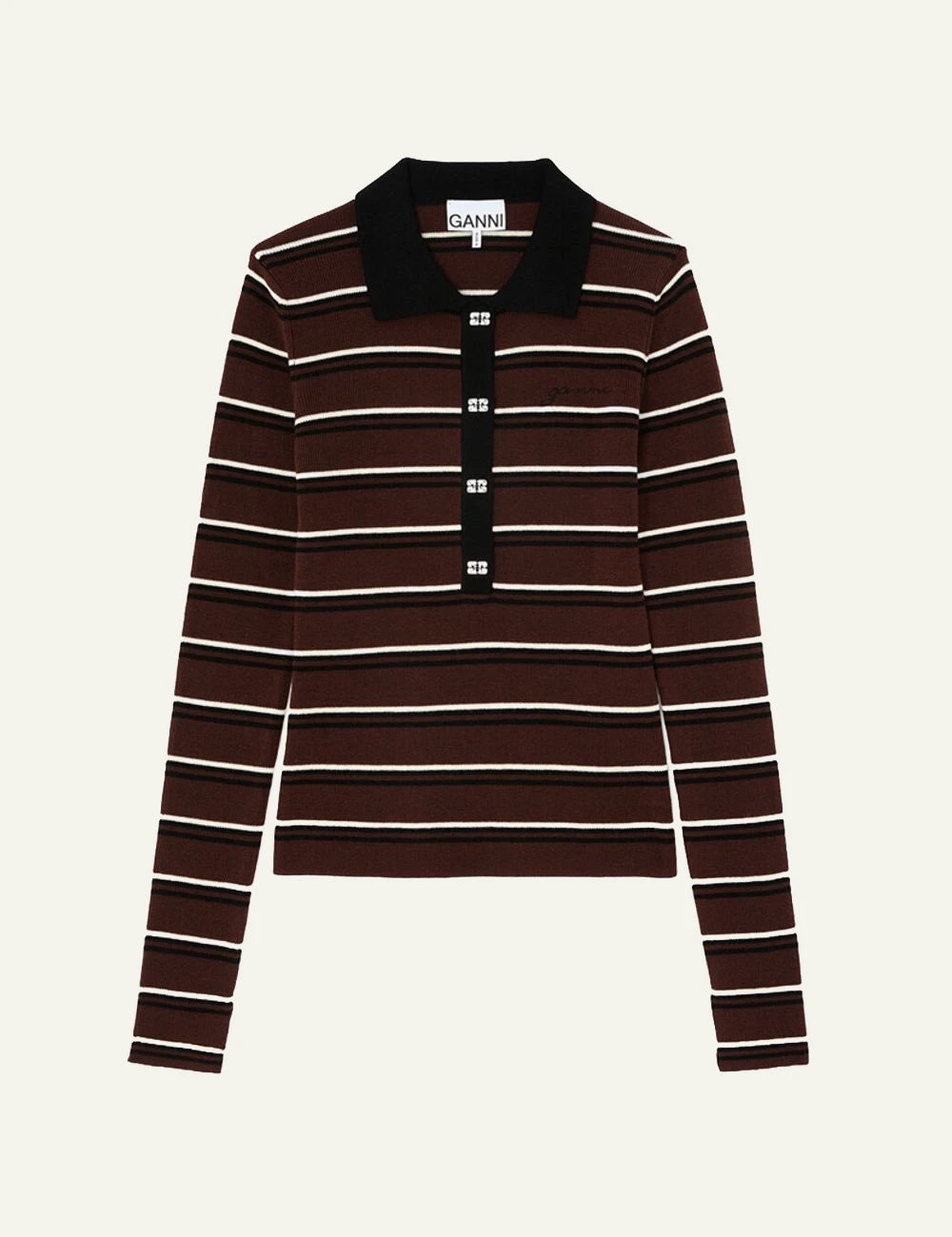 Women's GANNI brown striped wool polo top with black collar and Butterfly logo buttons