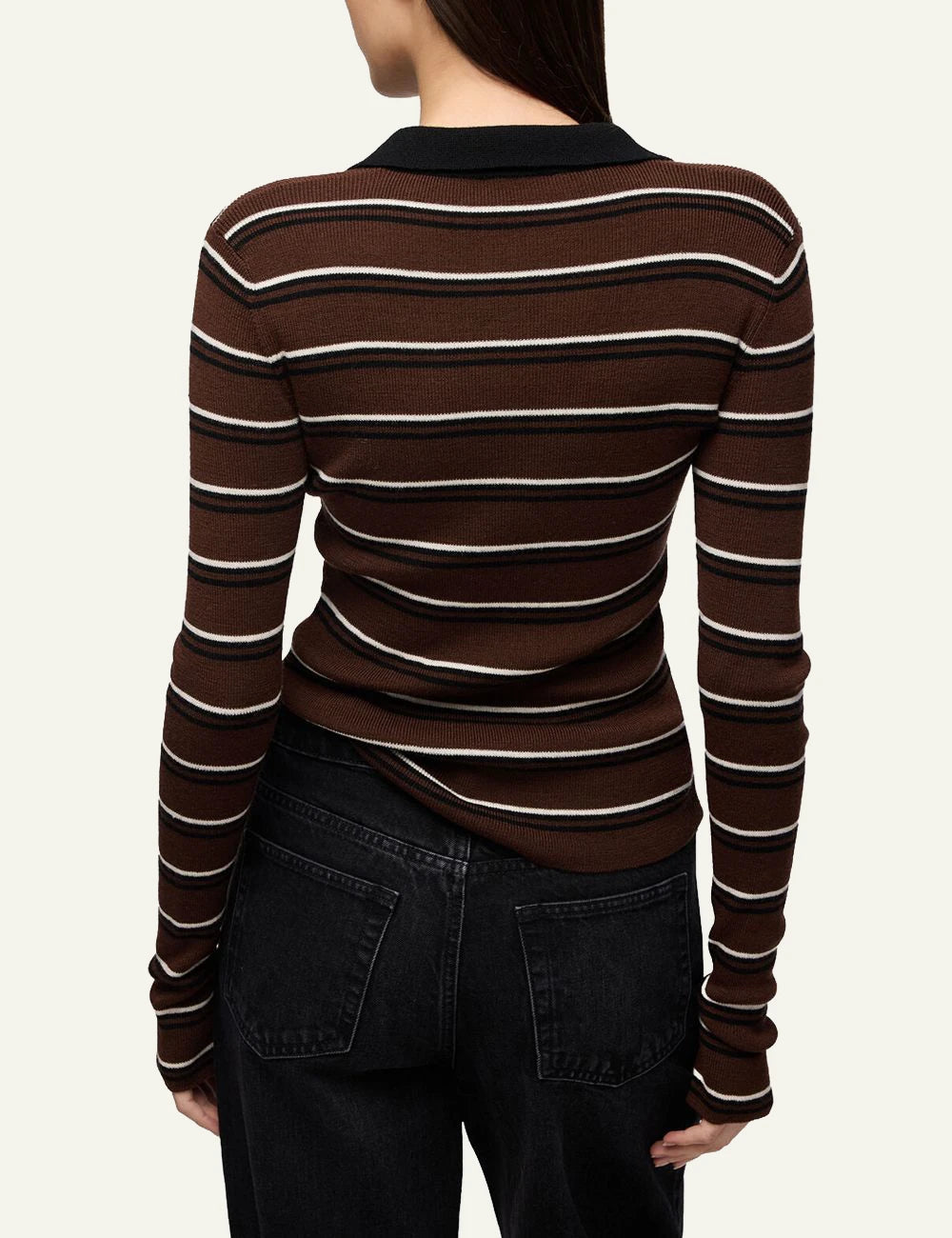 Women's GANNI brown striped wool polo top with black collar and Butterfly logo buttons back