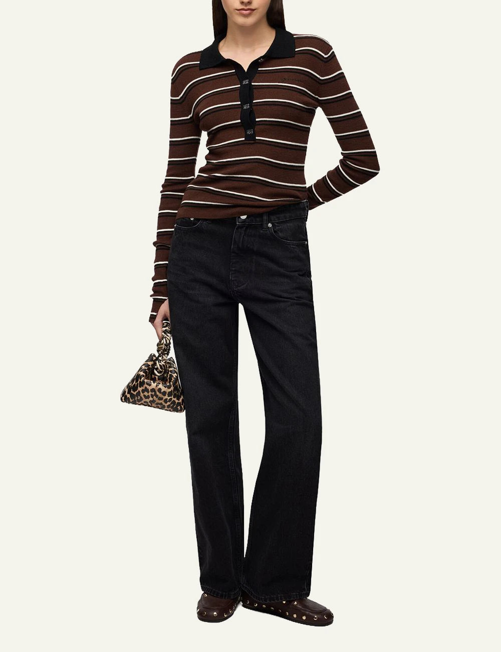 Women's GANNI brown striped wool polo top with black collar and Butterfly logo buttons full body