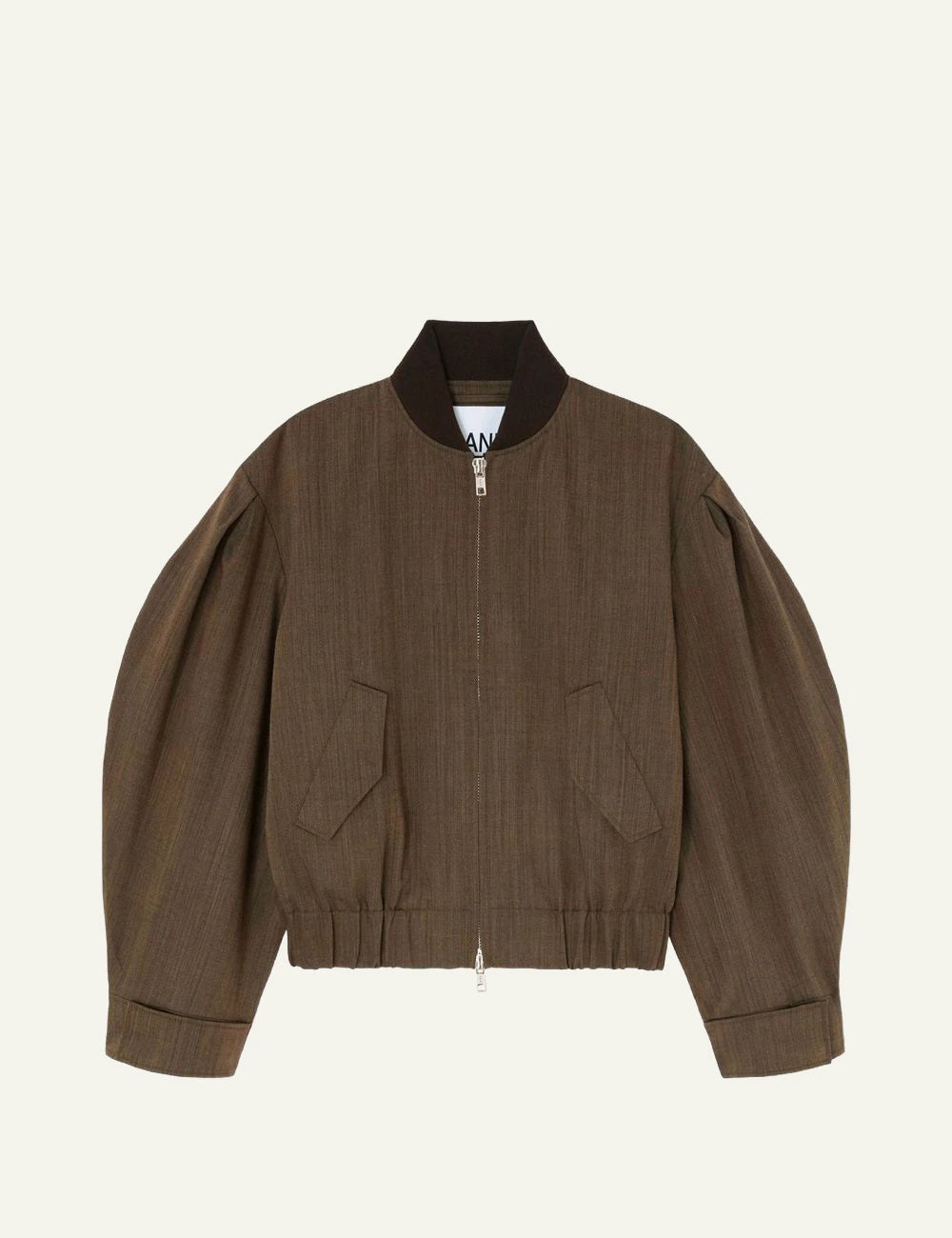 Women's Ganni brown wool melange bomber jacket with pleated sleeves
