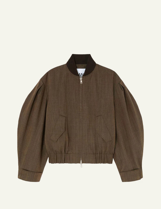 Women's Ganni brown wool melange bomber jacket with pleated sleeves