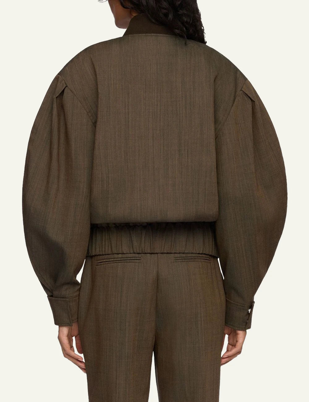 Women's Ganni brown wool melange bomber jacket with pleated sleeves back