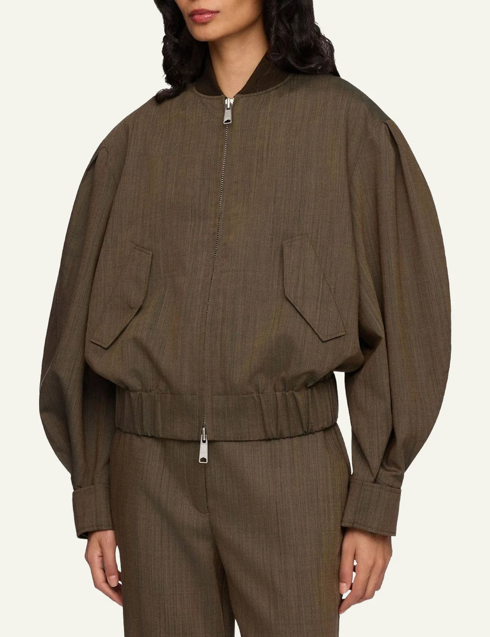 Women's Ganni brown wool melange bomber jacket with pleated sleeves model