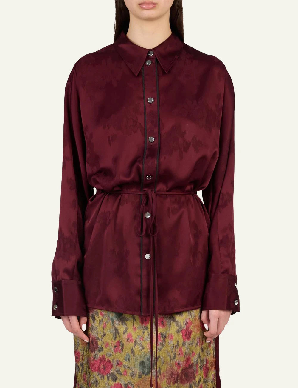 Women's GANNI burgundy satin jacquard floral shirt model