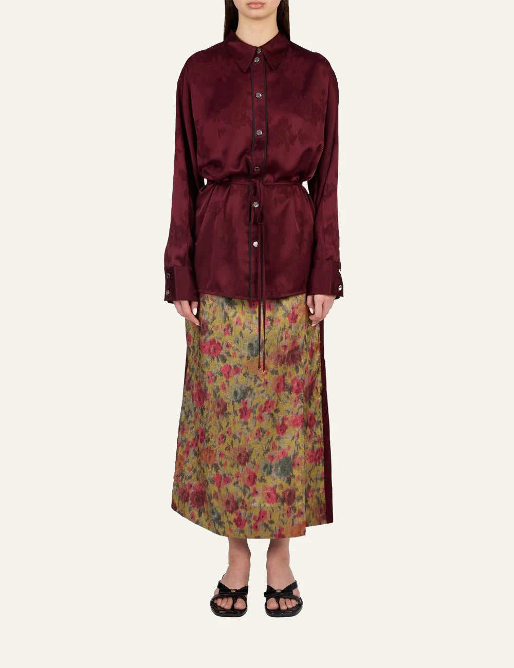 Women's GANNI burgundy satin jacquard floral shirt full body