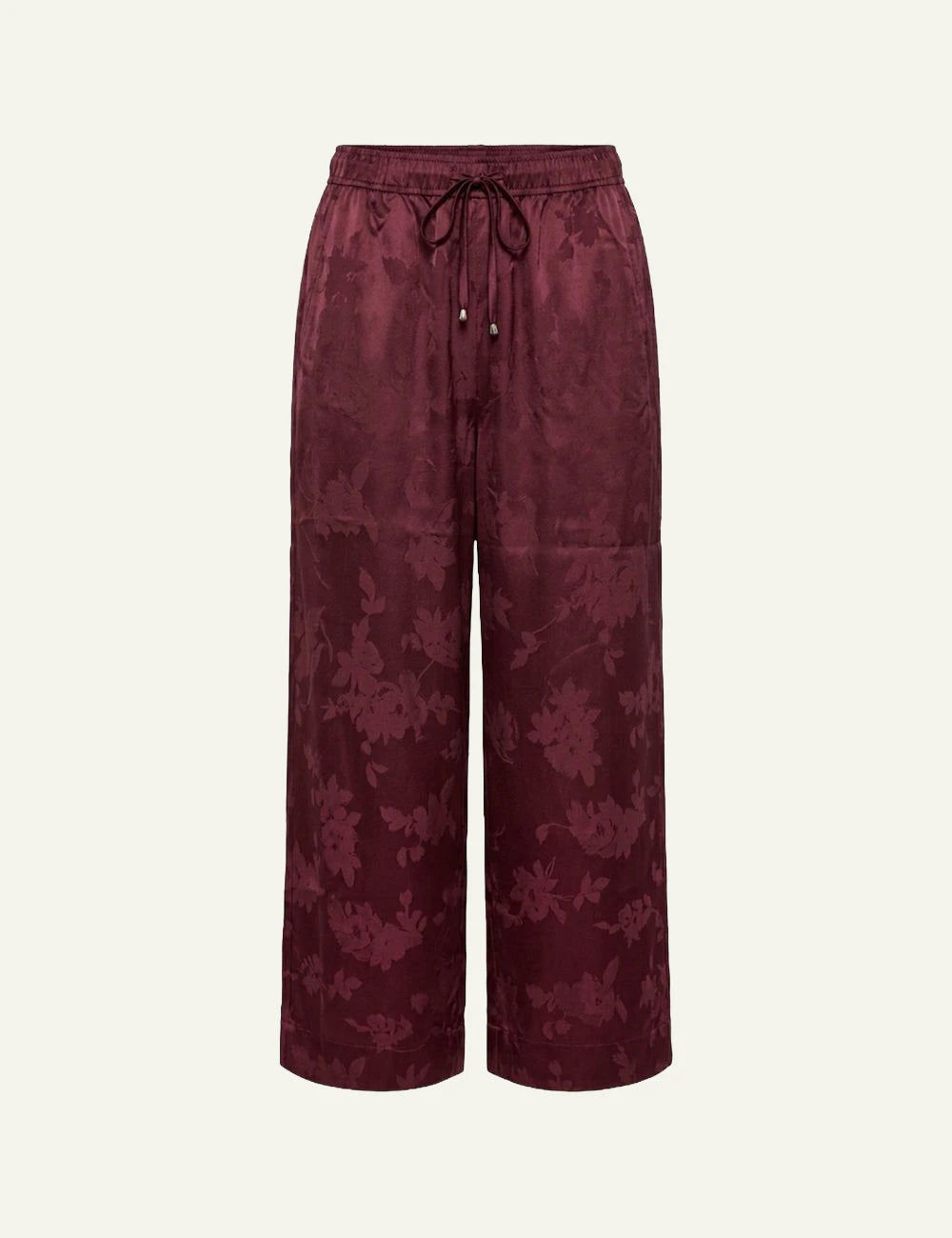 Women's Ganni burgundy satin jacquard wide leg trousers with floral pattern