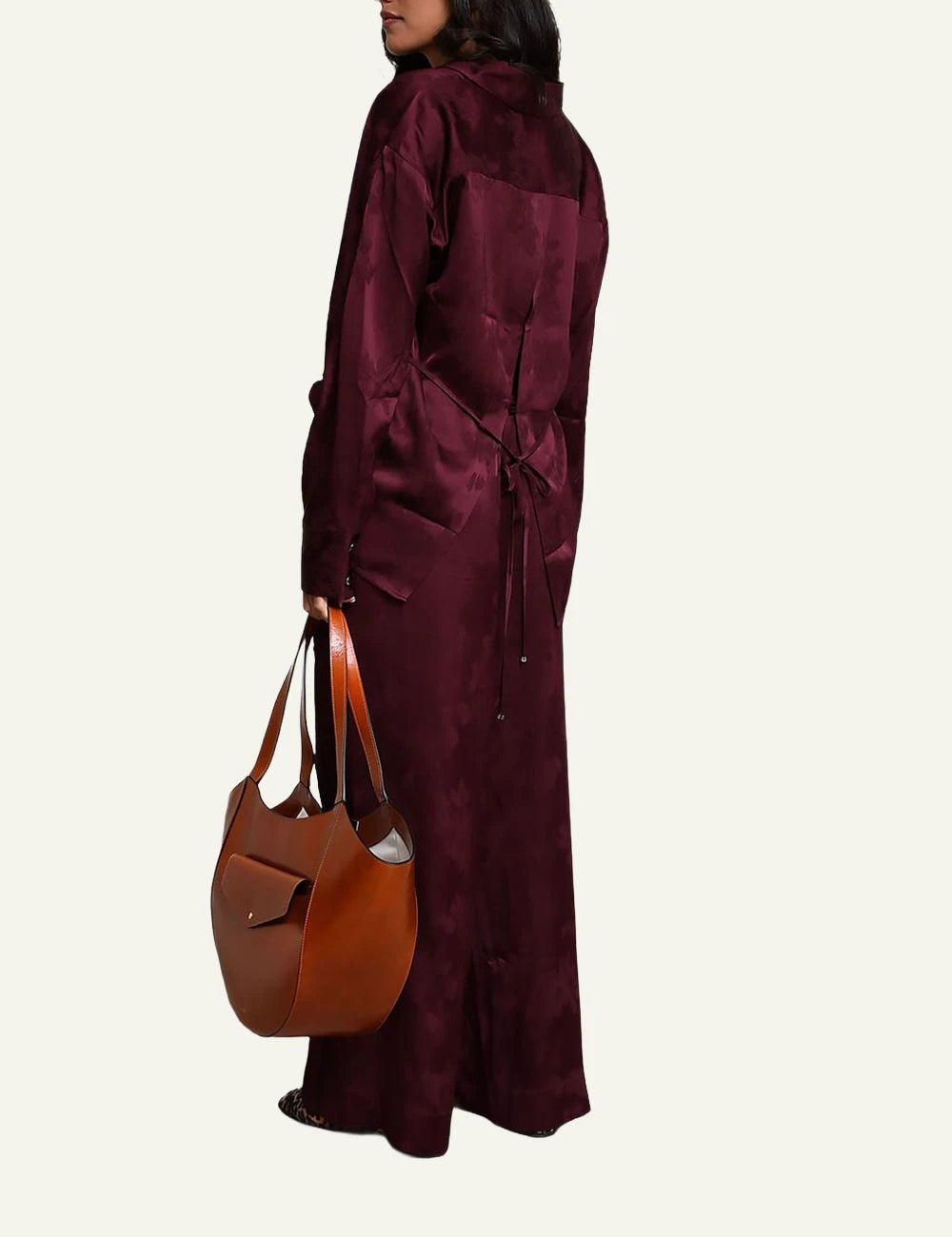 Women's Ganni burgundy satin jacquard wide leg trousers with floral pattern back