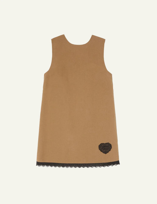 Women's Ganni camel sleeveless mini dress with lace hem and logo patch