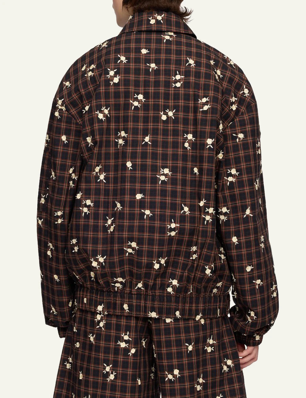 Women's Ganni checked organic cotton bomber jacket with floral print back