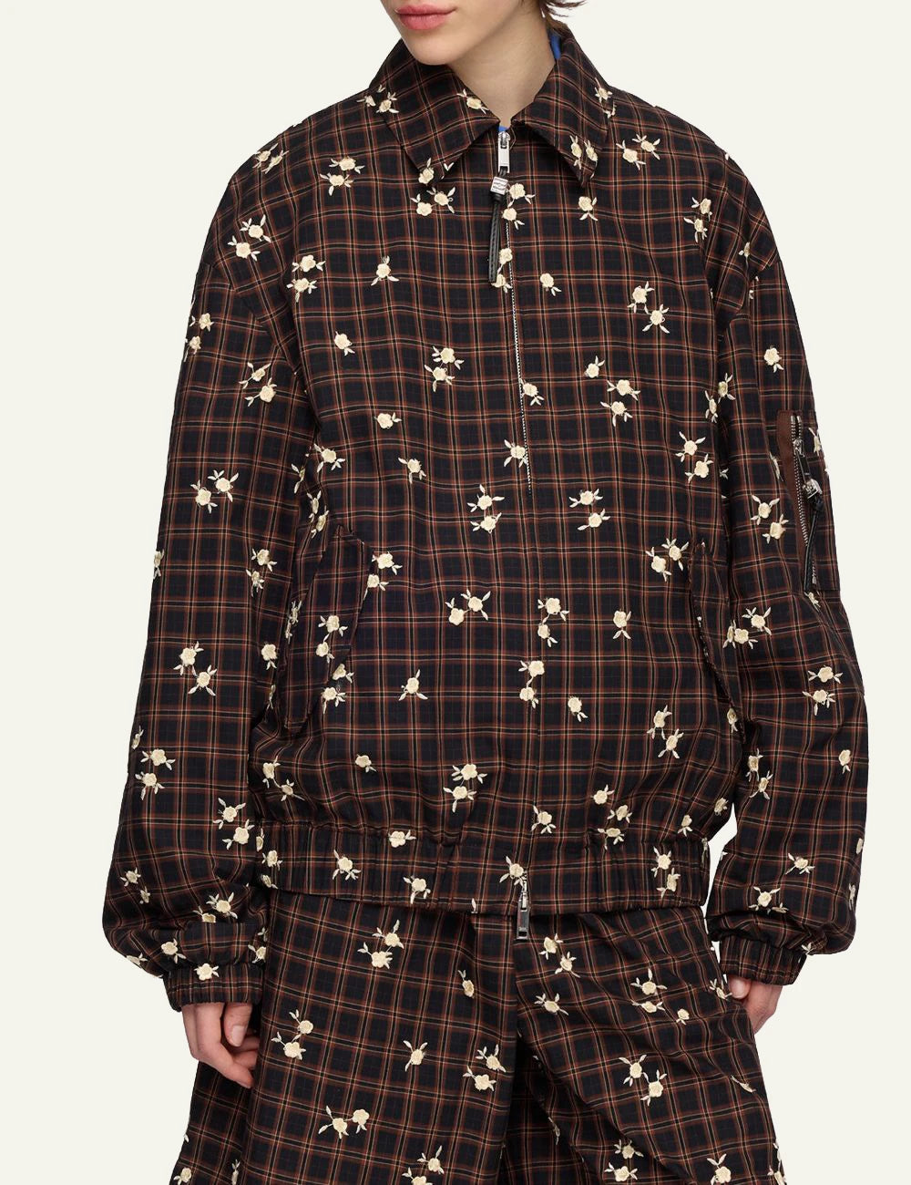 Women's Ganni checked organic cotton bomber jacket with floral print model