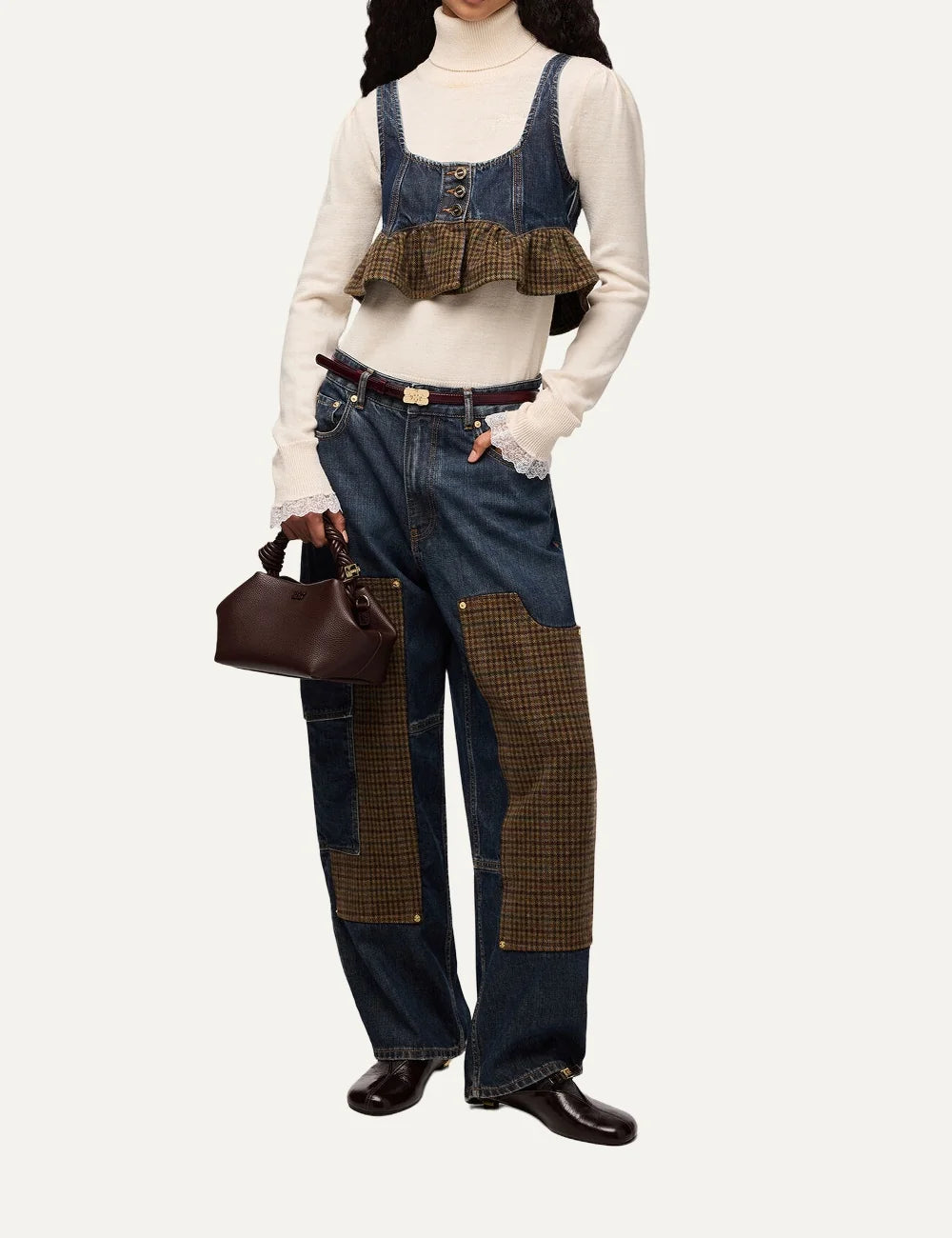 Ganni women's dark blue barrel jeans with low waist, relaxed fit, checked jacquard panels and cargo pockets full body