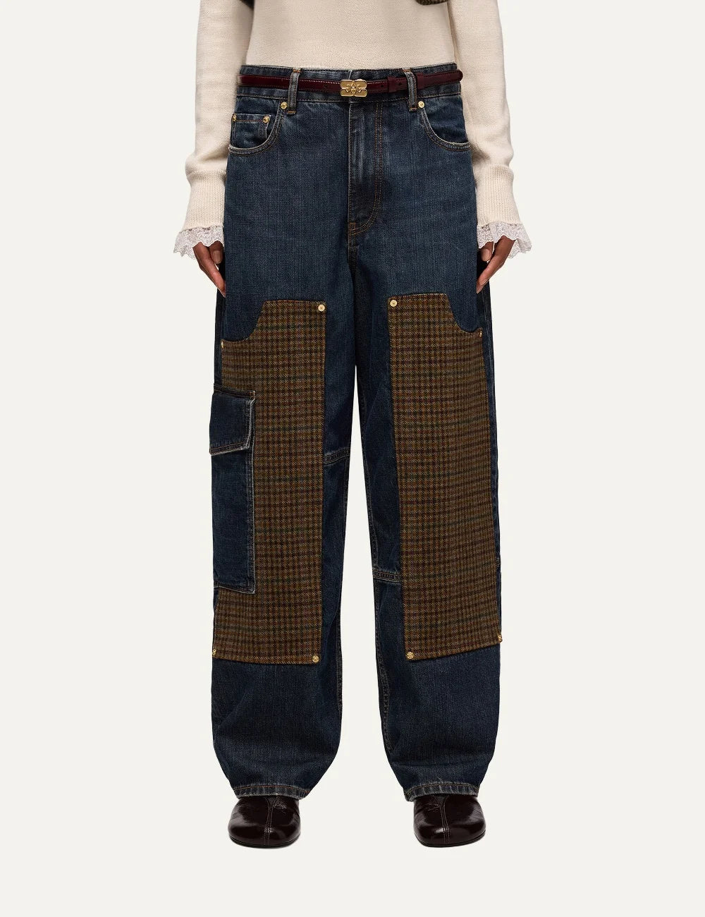 Ganni women's dark blue barrel jeans with low waist, relaxed fit, checked jacquard panels and cargo pockets model
