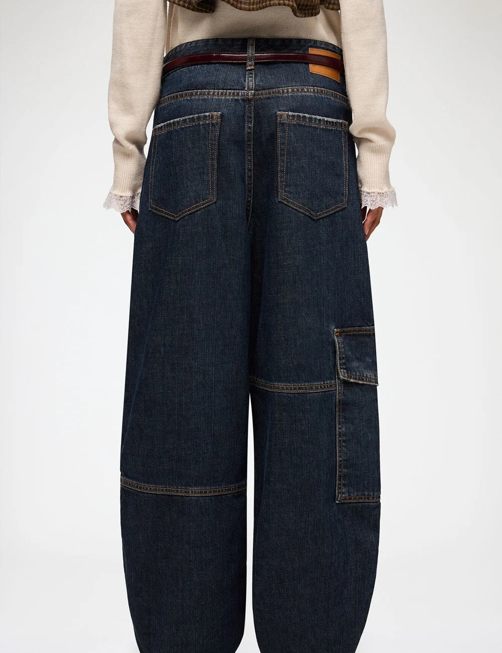 Ganni women's dark blue barrel jeans with low waist, relaxed fit, checked jacquard panels and cargo pockets back