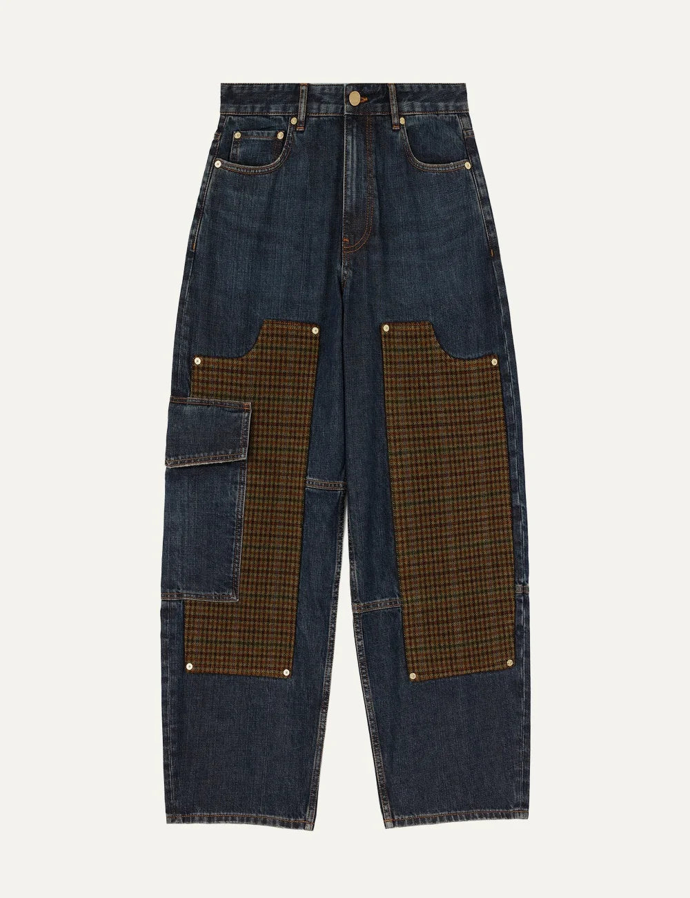Ganni women's dark blue barrel jeans with low waist, relaxed fit, checked jacquard panels and cargo pockets.