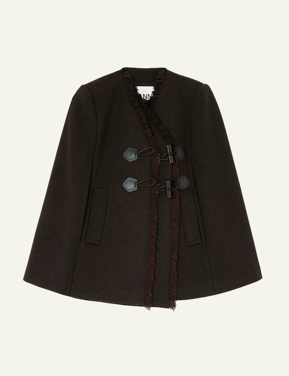 Women's GANNI dark brown wool cashmere cape with toggle closures and fringe trim