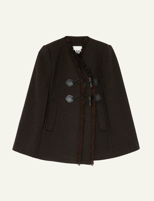 Women's GANNI dark brown wool cashmere cape with toggle closures and fringe trim