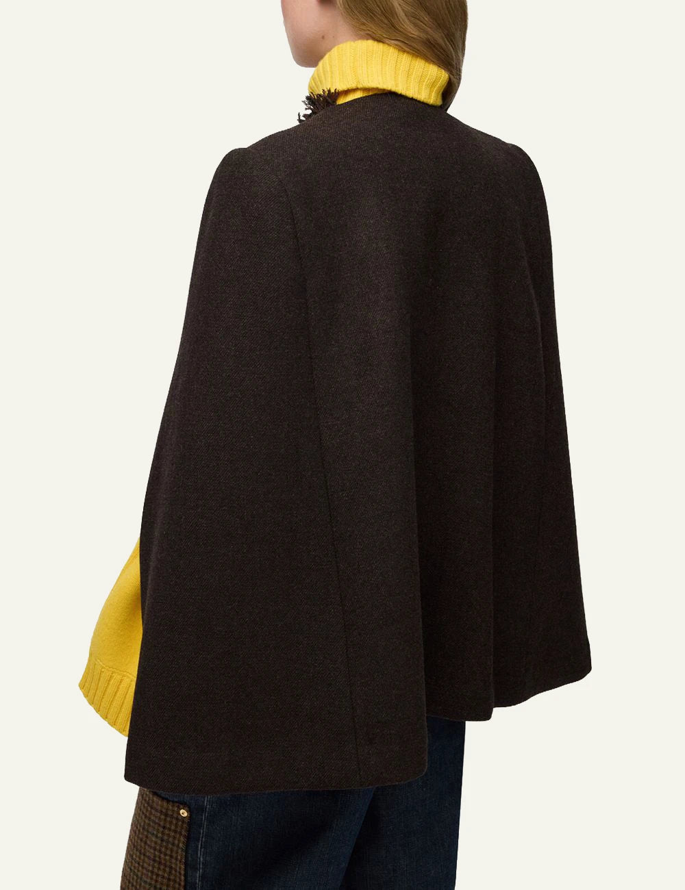 Women's GANNI dark brown wool cashmere cape with toggle closures and fringe trim back