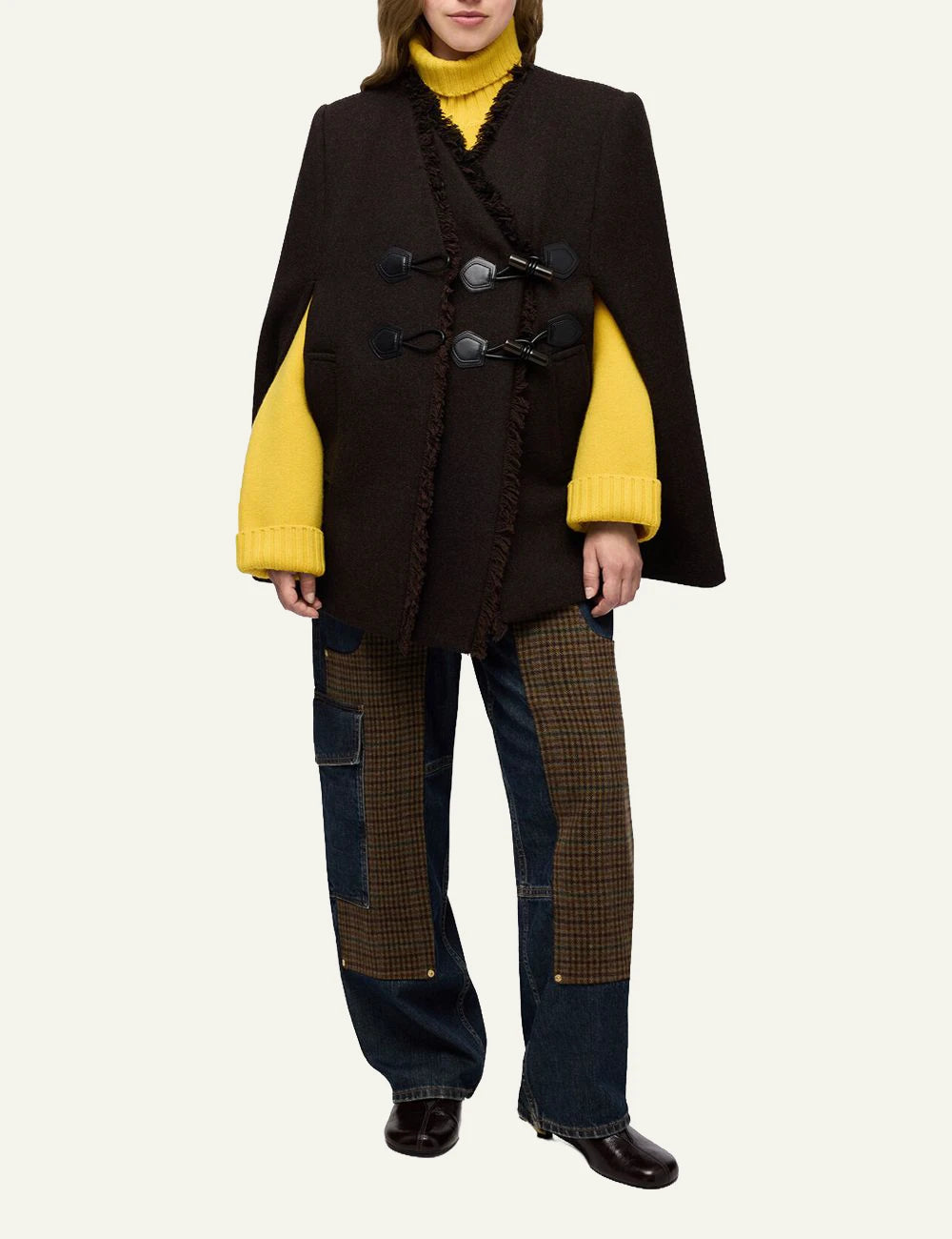 Women's GANNI dark brown wool cashmere cape with toggle closures and fringe trim full body