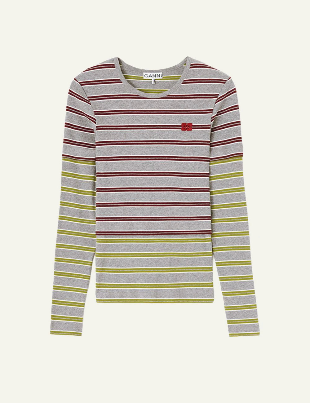 Women's GANNI grey striped organic cotton long sleeve top with burgundy and olive stripes