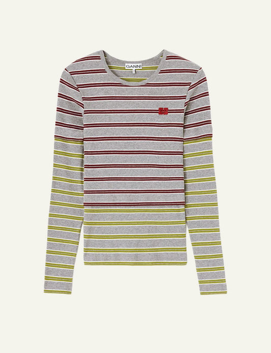 Women's GANNI grey striped organic cotton long sleeve top with burgundy and olive stripes