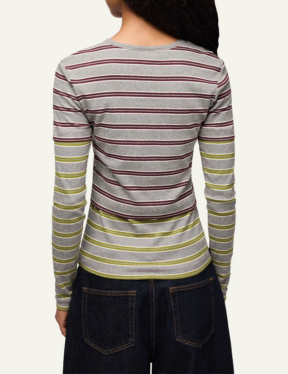 Women's GANNI grey striped organic cotton long sleeve top with burgundy and olive stripes back