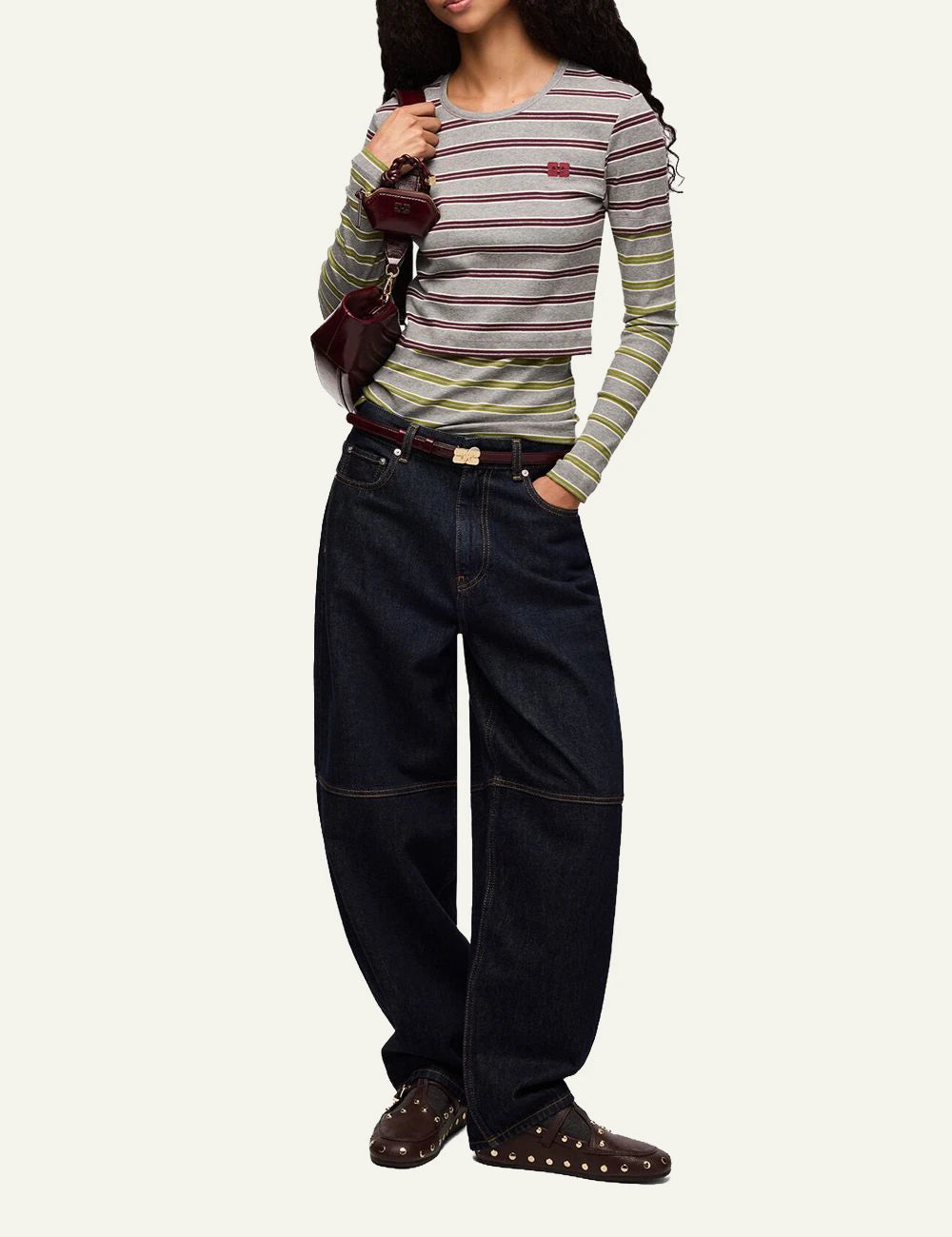 Women's GANNI grey striped organic cotton long sleeve top with burgundy and olive stripes full body