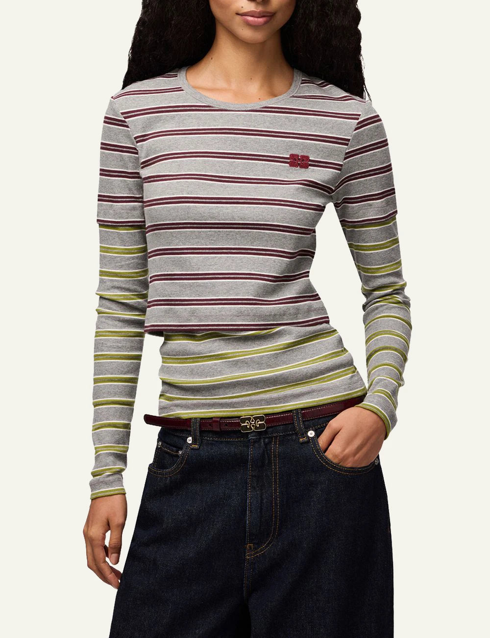 Women's GANNI grey striped organic cotton long sleeve top with burgundy and olive stripes model