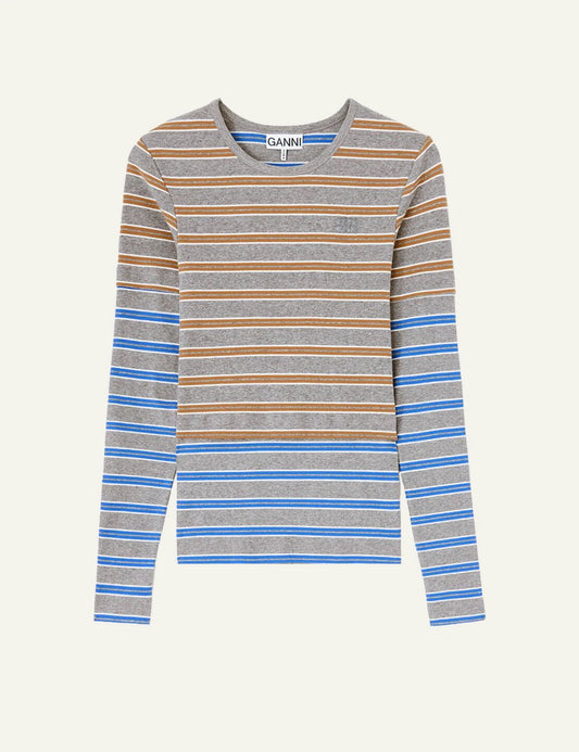 Women's GANNI grey striped organic cotton long sleeve top with blue and brown stripes