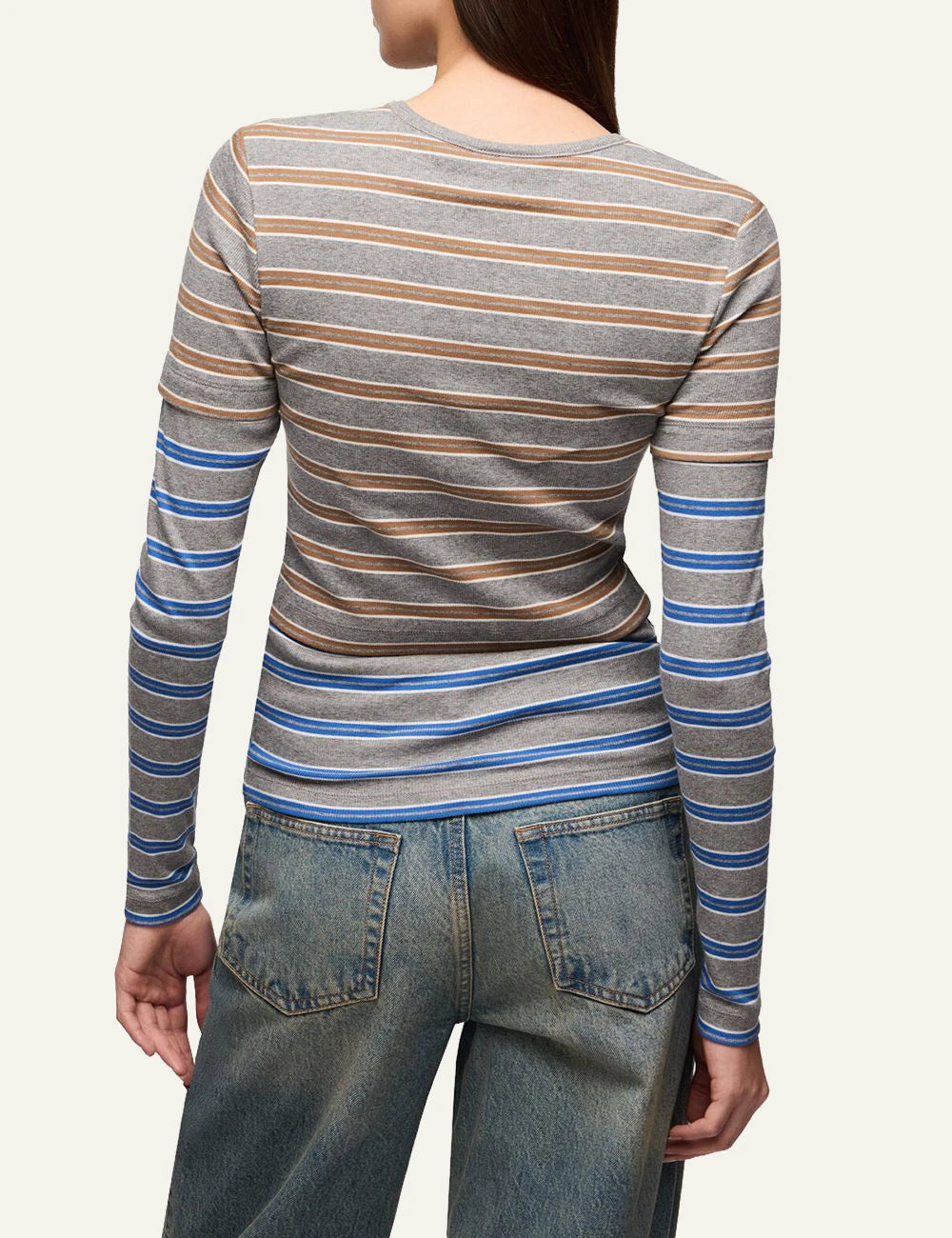 Women's GANNI grey striped organic cotton long sleeve top with blue and brown stripes back