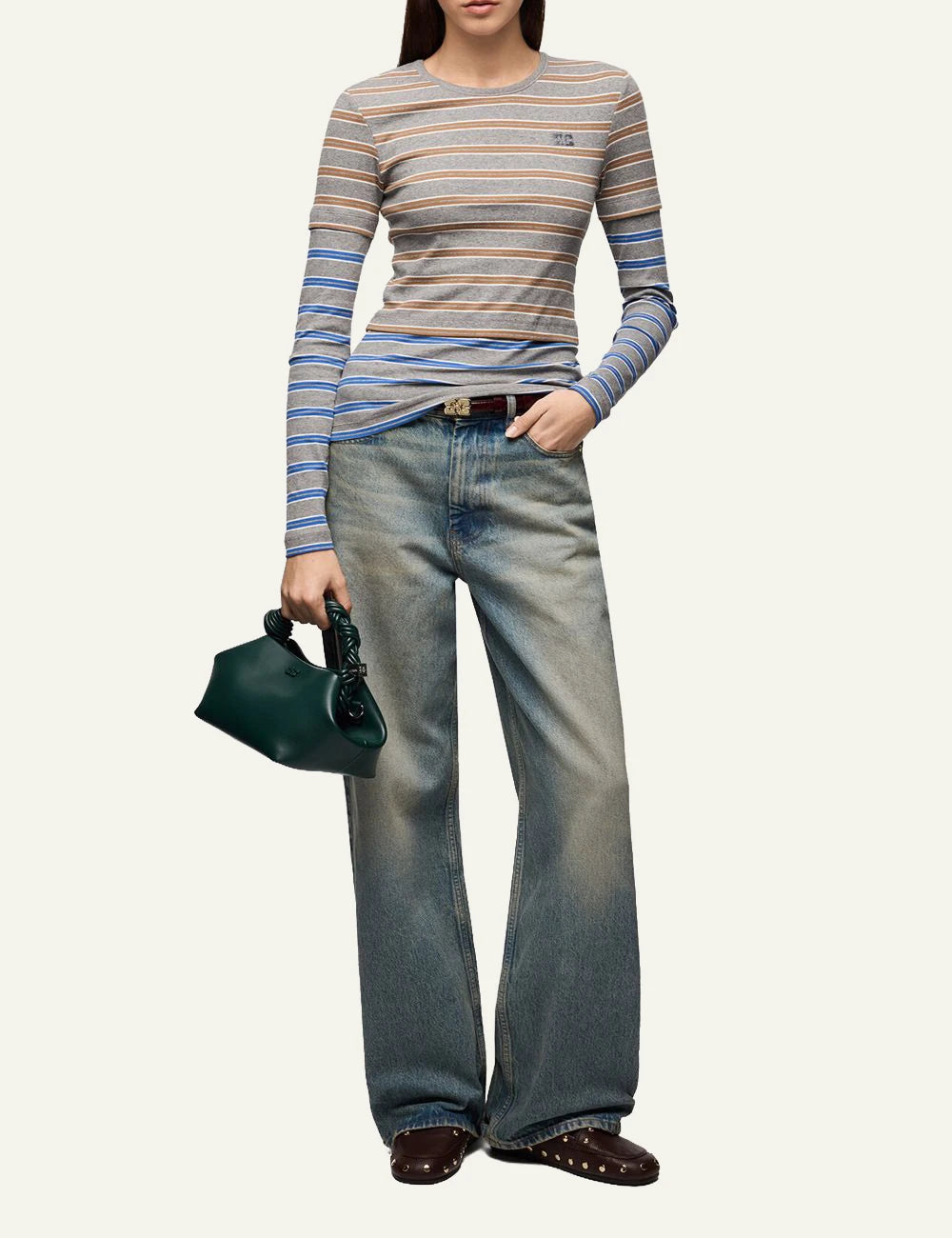 Women's GANNI grey striped organic cotton long sleeve top with blue and brown stripes full body