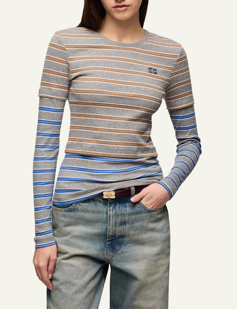 Women's GANNI grey striped organic cotton long sleeve top with blue and brown stripes model