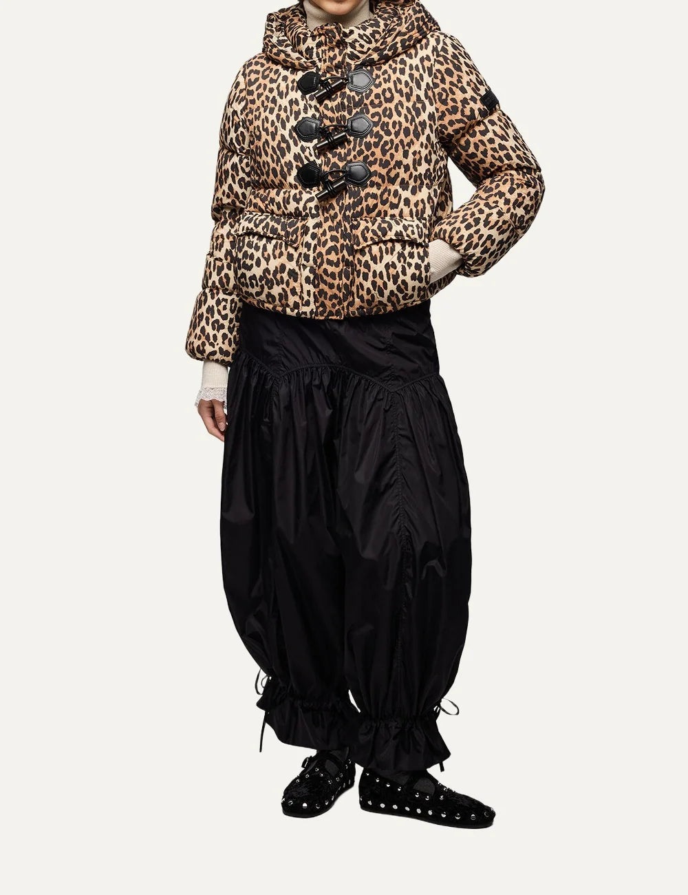 Ganni women's leopard print cropped puffer jacket with hood, toggle closures and front flap pockets full body