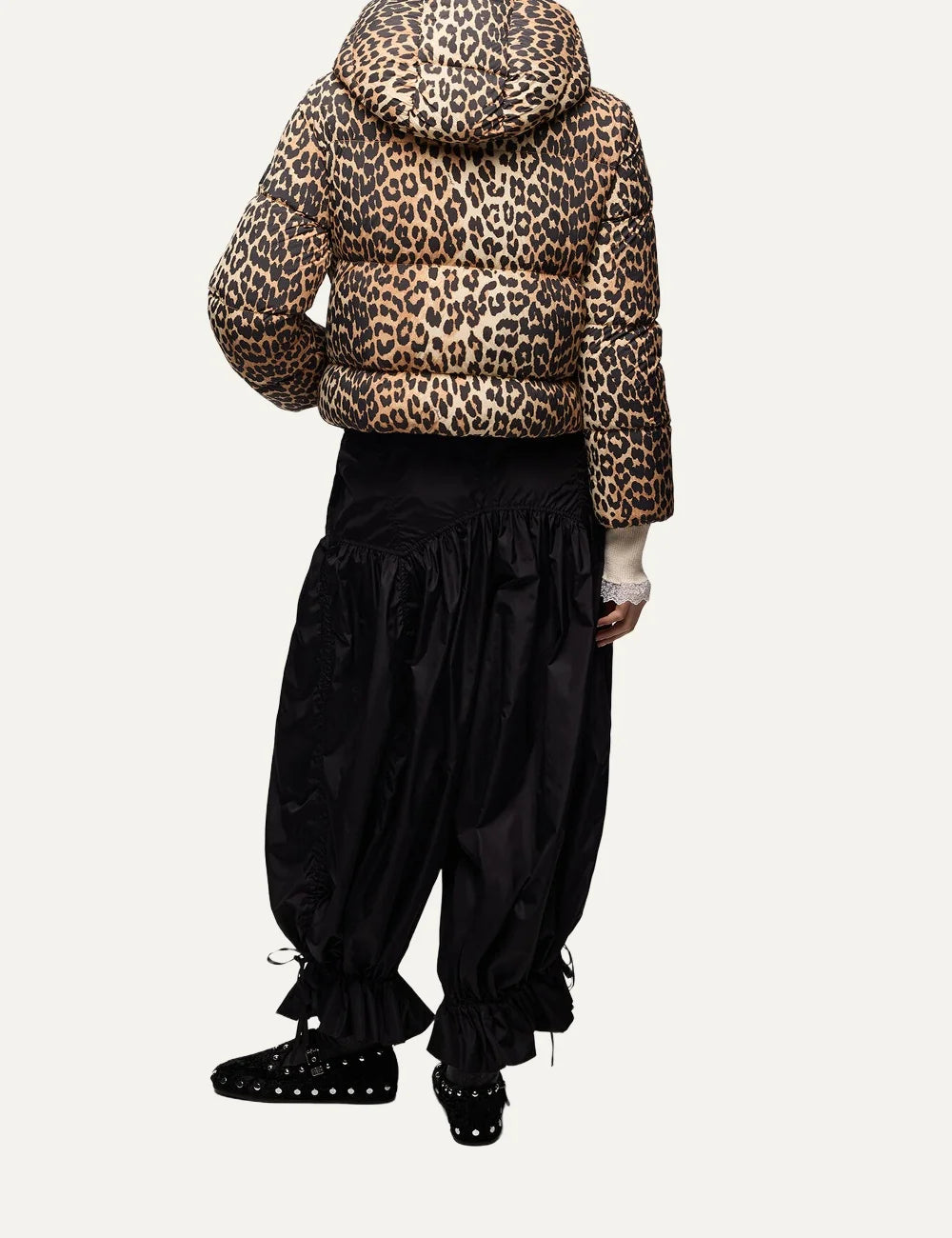 Ganni women's leopard print cropped puffer jacket with hood, toggle closures and front flap pockets back