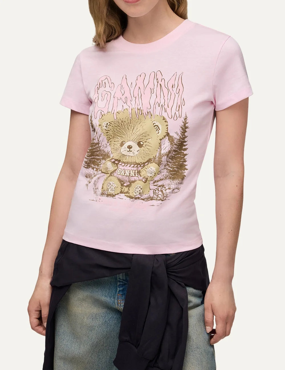 Ganni women's light pink cotton T-shirt with forest teddy bear graphic, Ganni logo, crew neck and short sleeves model