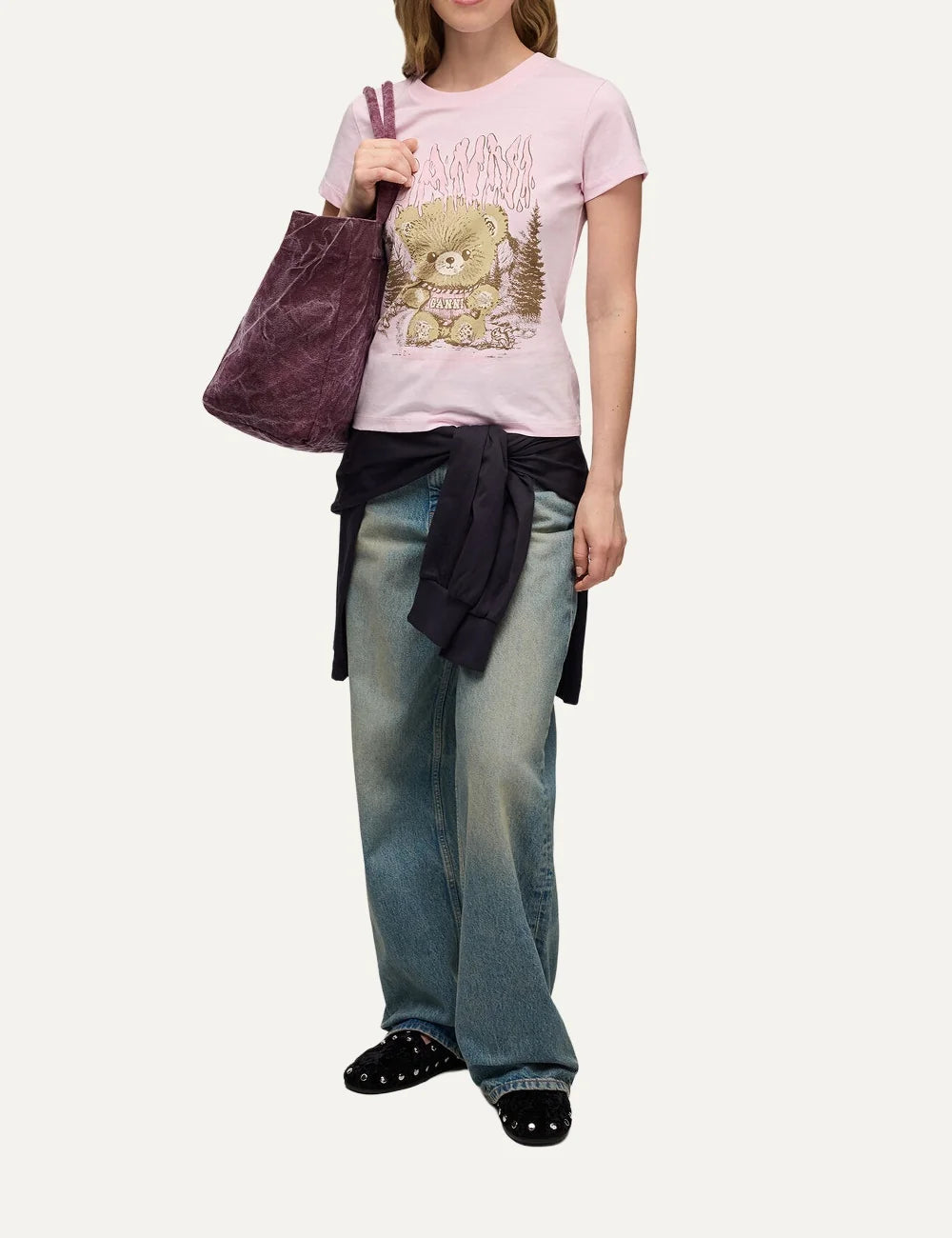 Ganni women's light pink cotton T-shirt with forest teddy bear graphic, Ganni logo, crew neck and short sleeves full body