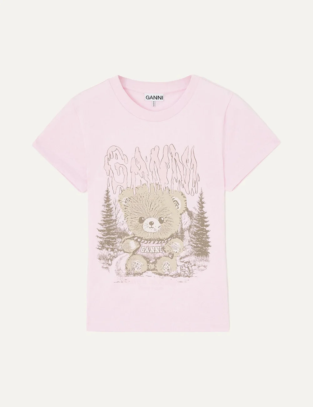 Ganni women's light pink cotton T-shirt with forest teddy bear graphic, Ganni logo, crew neck and short sleeves.