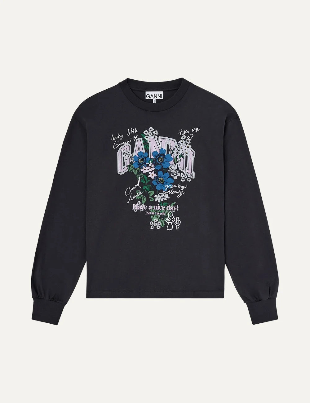 Ganni women's black long sleeve T-shirt with colorful floral graphic, GANNI logo, crew neck and ribbed cuffs.