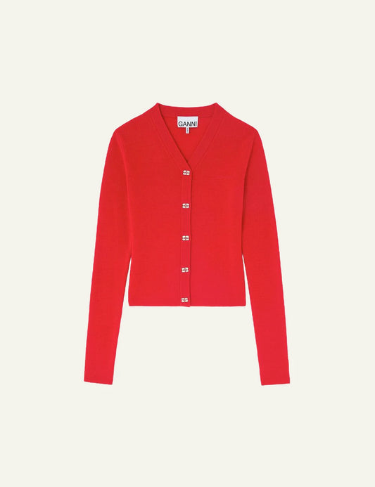 Ganni red wool cardigan with butterfly logo buttons front view